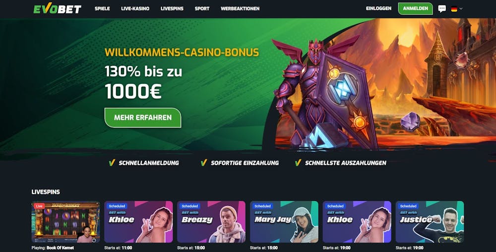 Evobet Casino Homepage