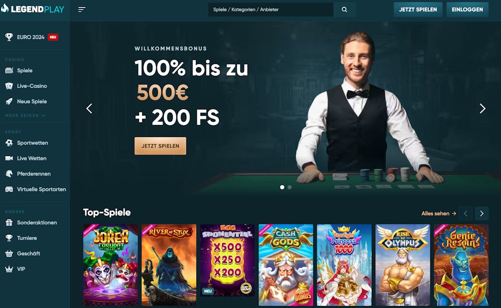 LegendPlay Casino Startseite mit Bonusbanner, Anmeldebutton, Menüleiste links und top Spielen in der Mitte