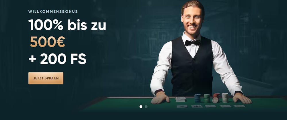LegendPlay Casino Willkommensbonusangebot 100 Prozent bsi zu 500 Euro und 200 Freispielen neben Bild von einem Croupier