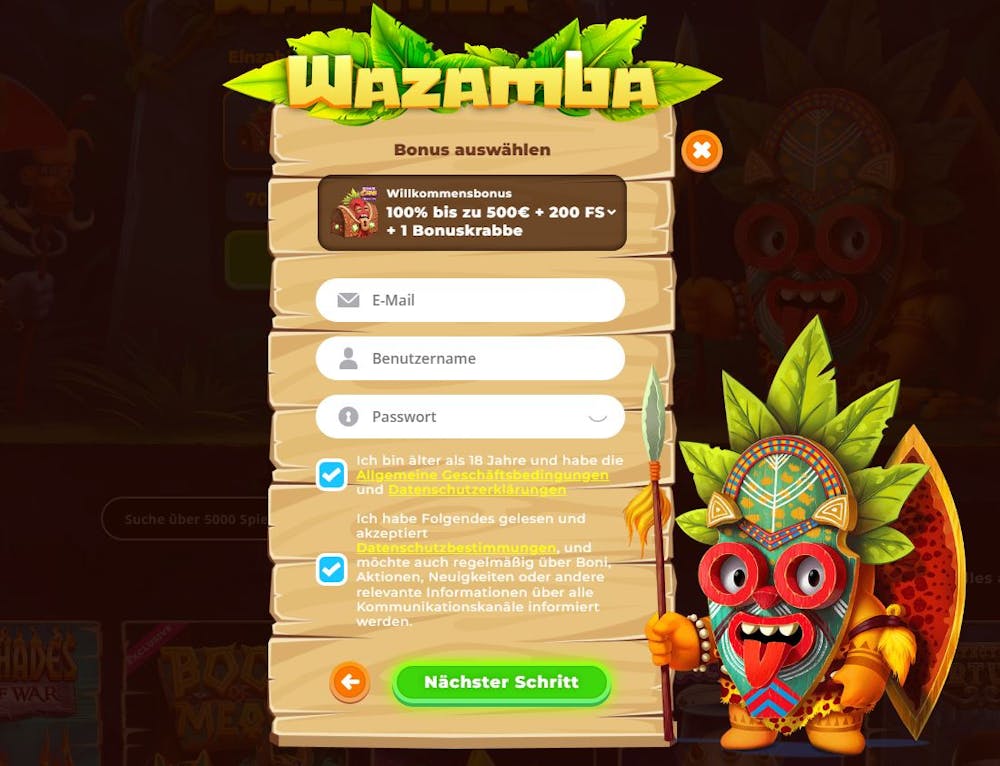 wazamba Registrierungsseite