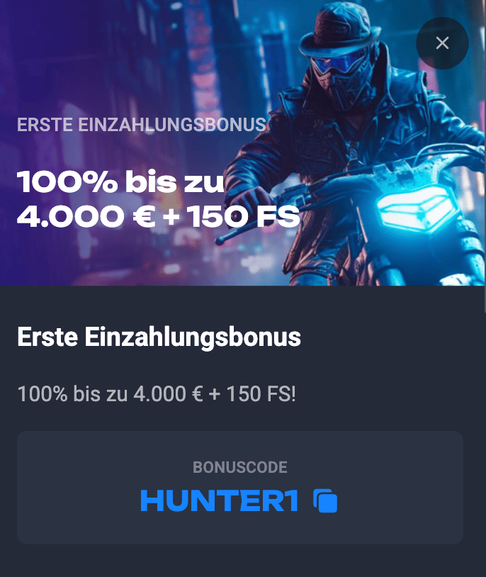 100 Prozent Einzahlungsbonus bis zu 4.000 € im Lucky Hunter Casino