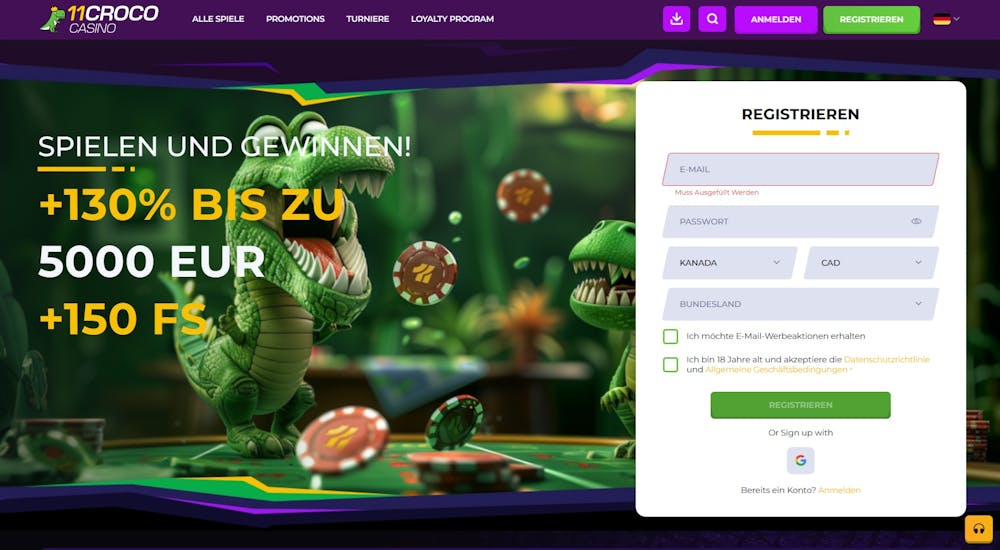 Startseite im 11 Croco Casino zeigt Willkommensbonus und Anmeldeformular