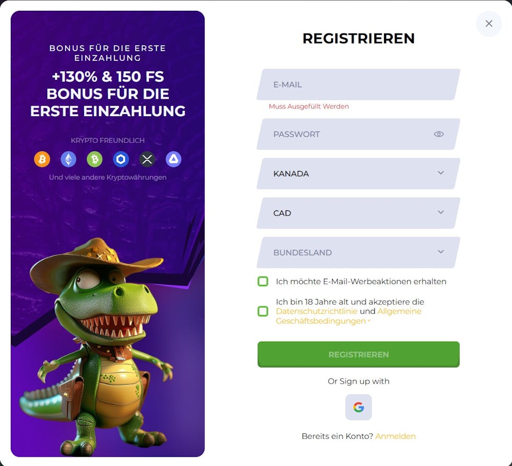Anmeldeformular im 11 Croco Casino