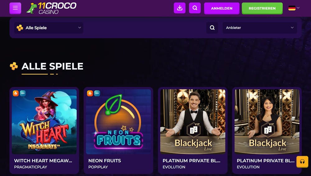 Spiellobby im 11 Croco Casino zeigt Spiele wie Neon Fruits neben anderen Spielen