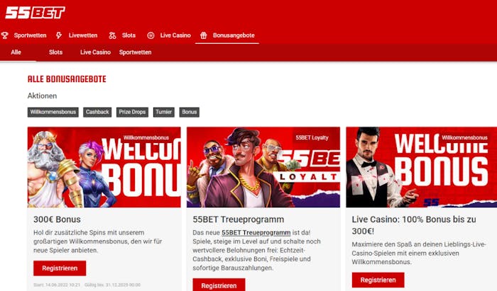 55 bet Casino Screenshot mit dem Willkommensbonus und Cashback Angebot. Das Design des Cashback Casinos ist in rot weiß gehalten.