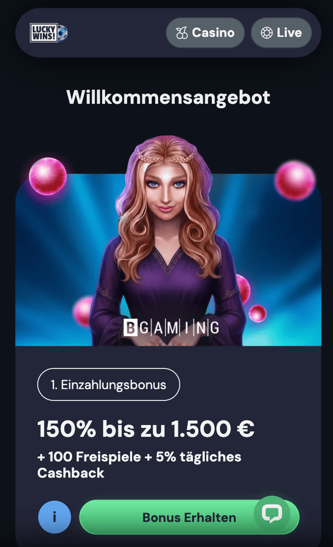 150 Prozent Bonus bis zu 1.500 € im Lucky Wins Casino