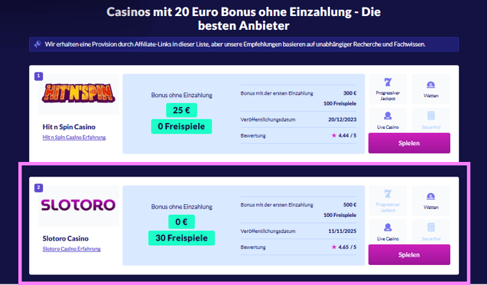 Screenshot vom Slotoro Casino als 20 Euro Casino Bonus ohne Einzahlung,