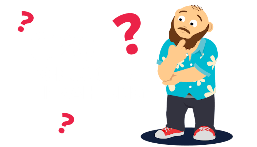 Grafik zeigt nachdenklichen CasinoBernie neben Text '20 Euro Bonus ohne Einzahlung' und Fragezeichen