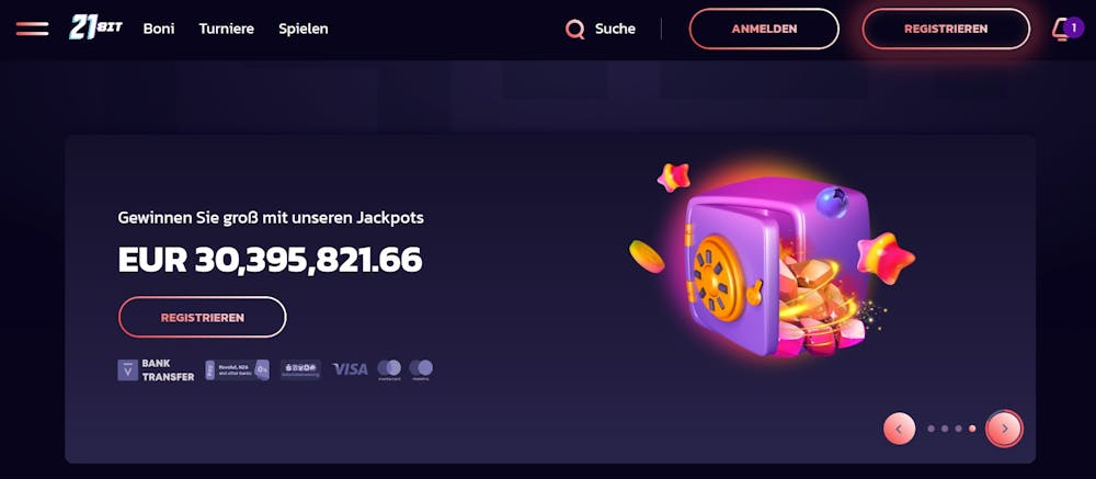 21bit Casino Startseite mit Menü, Suchleiste, Anmeldebutton und Jackpotbetrag