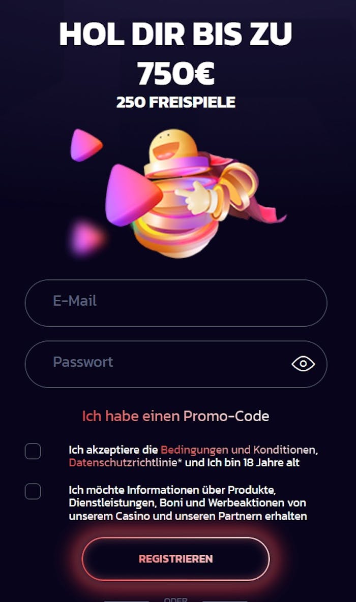 21bit Casino Anmeldeformular mit Willkommensbonusangebot