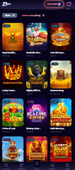 21bit Casino Spiellobby mit Abbildung einiger Slot Spiele
