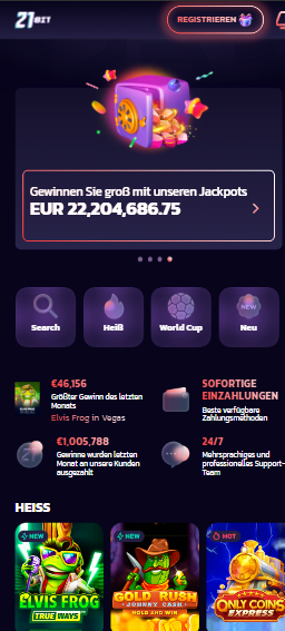 21bit Casino Startseite mit Menü, Suchleiste, Anmeldebutton und Jackpotbetrag