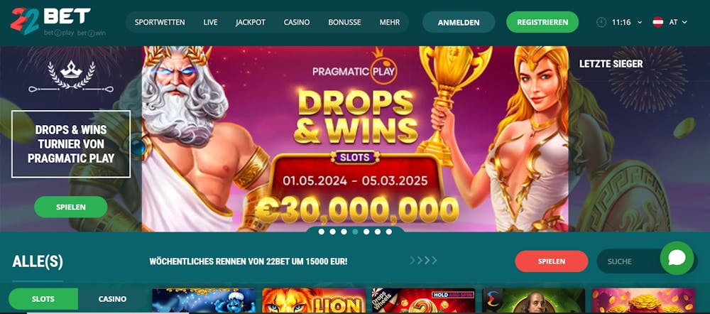 Die Homepage von 22Bet mit einer Beschreibung über das Drops & Win Turnier mit einem Preispool von 30.000.000 €