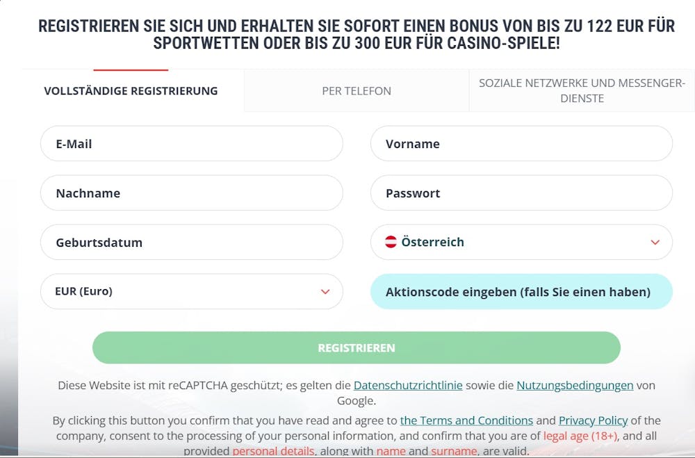 Das Registrierungsformular von 22bet Casino