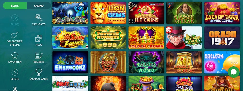 Die Spielauswahl von 22bet Casino mit vielen verschiedenen Titeln wie Golden Crown und 9 Masks of Voodoo
