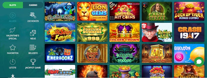 Die Spielauswahl von 22bet Casino mit vielen verschiedenen Titeln wie Golden Crown und 9 Masks of Voodoo