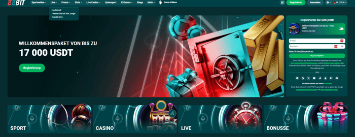 22Bit Casino Screenshot mit der Starseite und dem Willkommensbonus.