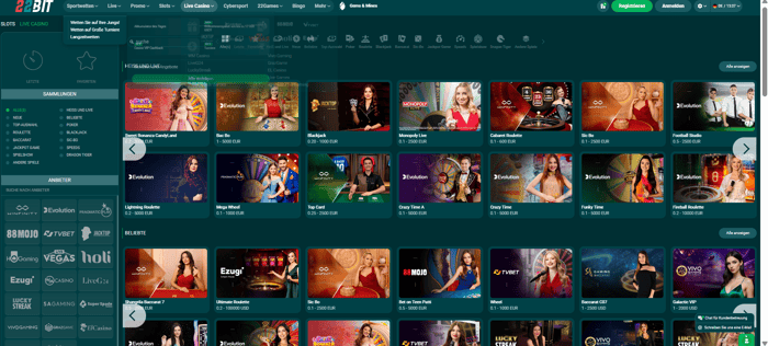 22Bit Casino mit der Live Casino Seite und der Spieleauswahl.
