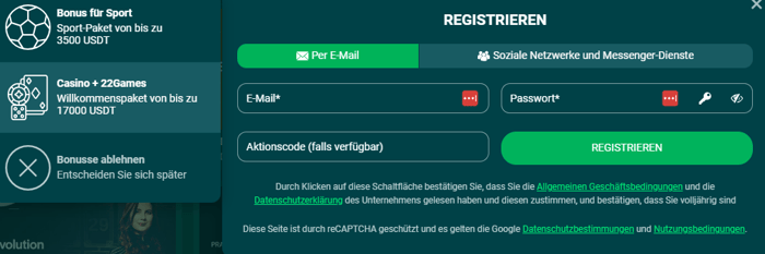 22Bit Casino Screenshot mit der Anmeldeseite.