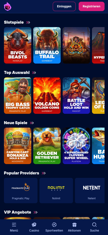 Spiellobby im Hotloot Casino zeigt Spiele wie Buffalo Trail neben anderen Spielkategorien