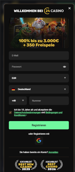24 Casino Screenshots mit der Anmeldeseite, auf welcher die Daten eingegeben werden.