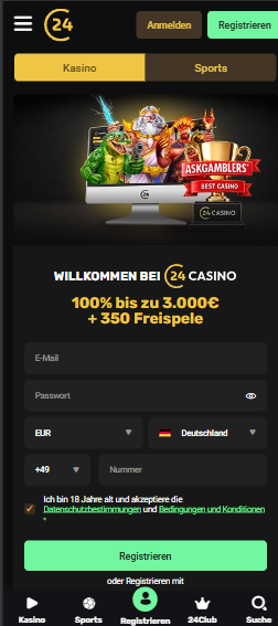24 Casino Screenshot mit der Startseite, auf welcher man den Willkommensbonus sieht.