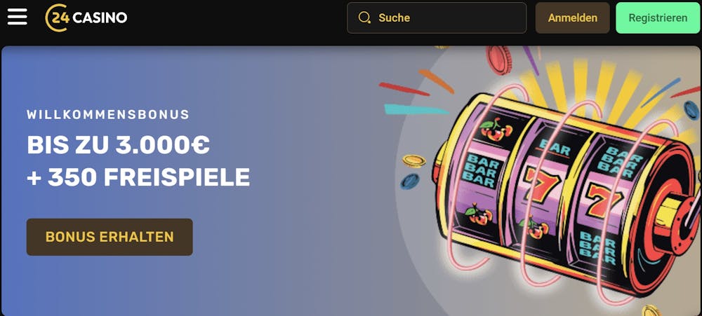 Die Webseite von 24Casino, oben das Menü für die Anmeldung, unten eine Beschreibung des Willkomensbonus von bis zu 3000 € +350 Freispiele, rechts davon ein Buntes Slotrad