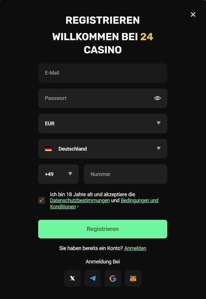 Die Registriermaske von 24 Casino, mi den Feldern Emal, Passwort, Land und Telefonnummer