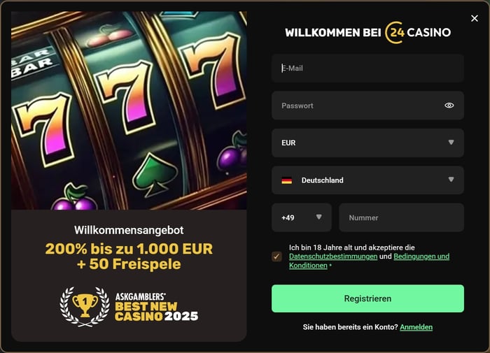 24 Casino Screenshots mit der Anmeldeseite, auf welcher die Daten eingegeben werden.