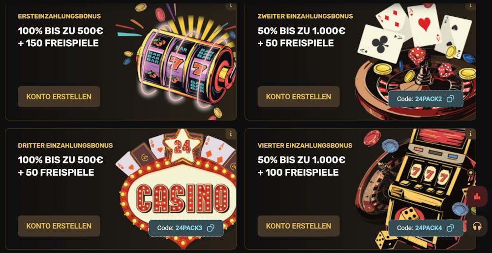 Eine Übersicht über die verschiedenen Willkommensboni bei 24 Casino