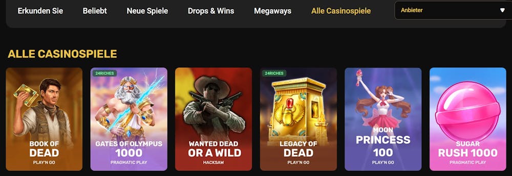 Eine Ansicht über verschiedene Slots bei 24 Casino mit Titeln wie Book of Dead, Legacy of Dead und Sugar Rush 100