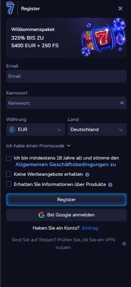 Anmeldeformular im 7Bit Casino