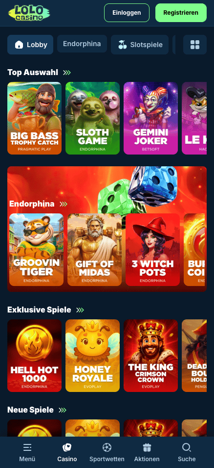 Spiellobby im Lolo Casino zeigt top Spiele wie Sloth Game neben anderen Spielkategorien