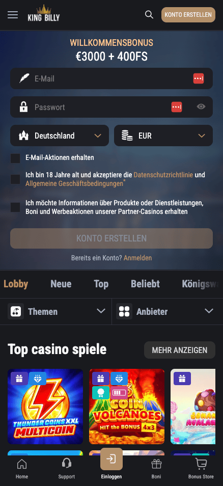 Startseite im King Billy Casino zeigt Willkommensbonus und top Casino Spiele