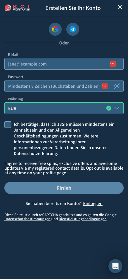 Anmeldeformular im Koi Fortune Casino