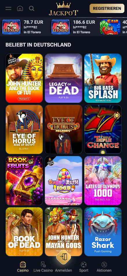 Spiellobby im JackPot Casino zeigt beliebte Spiele wie Legacy of Dead