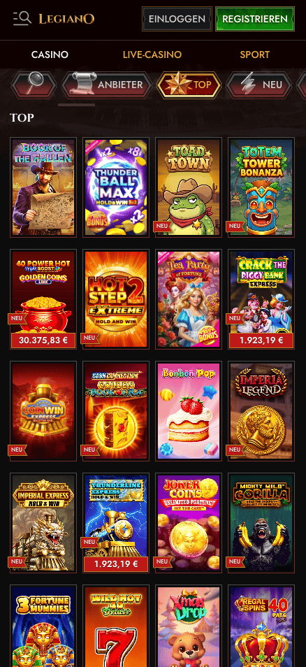 Spiellobby im Legiano Casino zeigt Spiele wie Toad Town neben anderen Spielkategorien