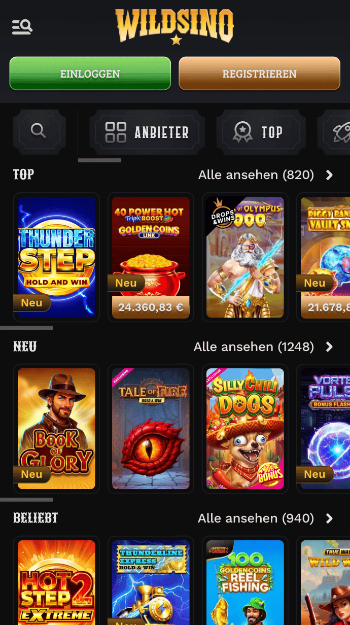 Spiellobby im Wildsino Casino zeigt top Spiele wie Gates of Olympus 1000 neben anderen Spielkategorien