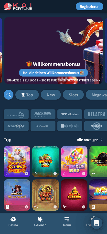 Startseite im Koi Fortune Casino zeigt Willkommensbonus und top Spiele