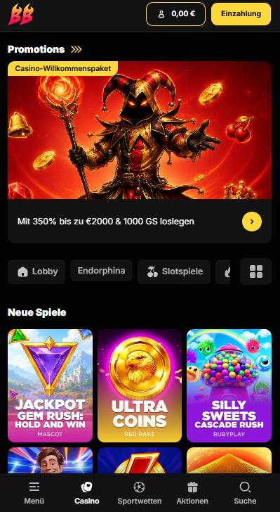 Betbluff Screenshot mit der Spiele Auswahl.
