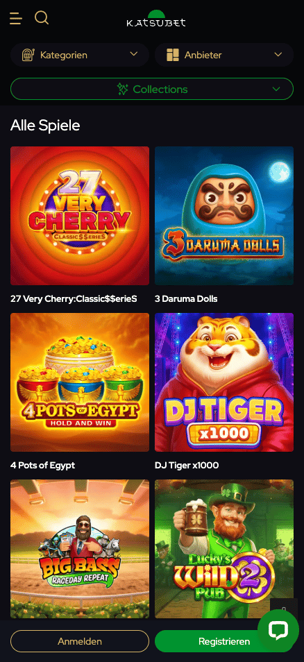 Spiellobby im Katsubet Casino zeigt alle Spiele wie 3 Daruma Dolls neben anderen Spielkategorien