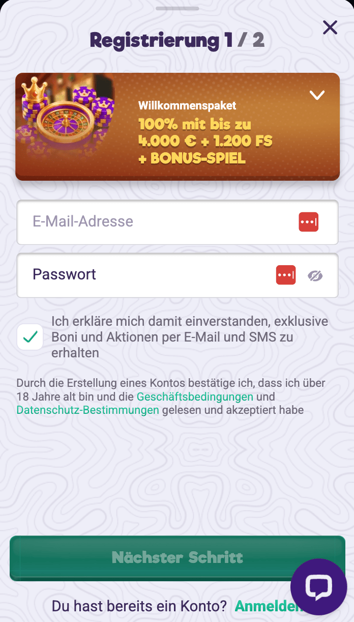 Anmeldeformular im Safecasino