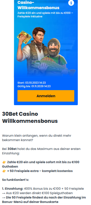 30bet 400 % Willkommensbonus mit 50 Freispielen.