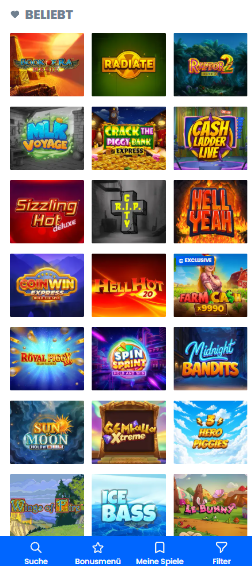 DIe Slotauswahl bei 30Bet Casino, mit Titeln wie Sizzling Hot Deluxe