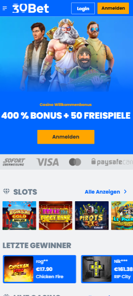 Die Homepage von 30Bet Casino mit einer Beschreibung über den Willkommensbonus