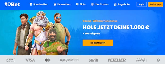 Die Homepage von 30Bet Casino mit einer Beschreibung über den Willkommensbonus von 1.000 € + 50 Freispiele