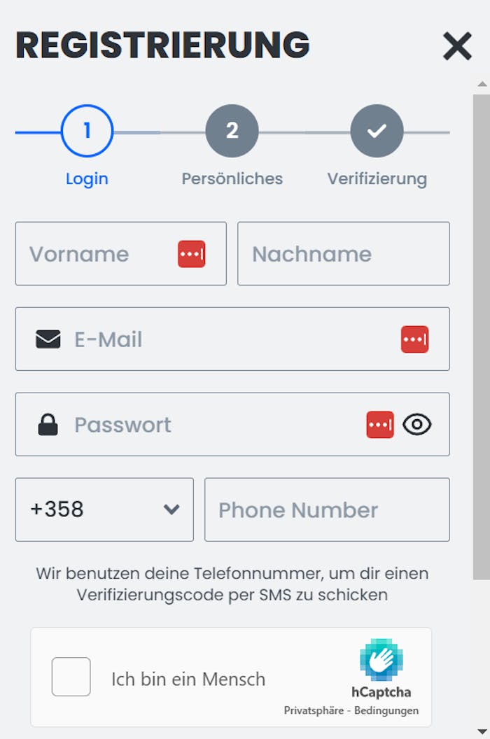 Die Registriermaske von 30bet Casino