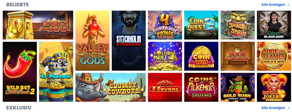 DIe Slotauswahl bei 30Bet Casino, mit Titeln wie Clumsy Cowboys und Legacy of Dead