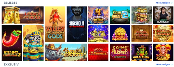 DIe Slotauswahl bei 30Bet Casino, mit Titeln wie Clumsy Cowboys und Legacy of Dead