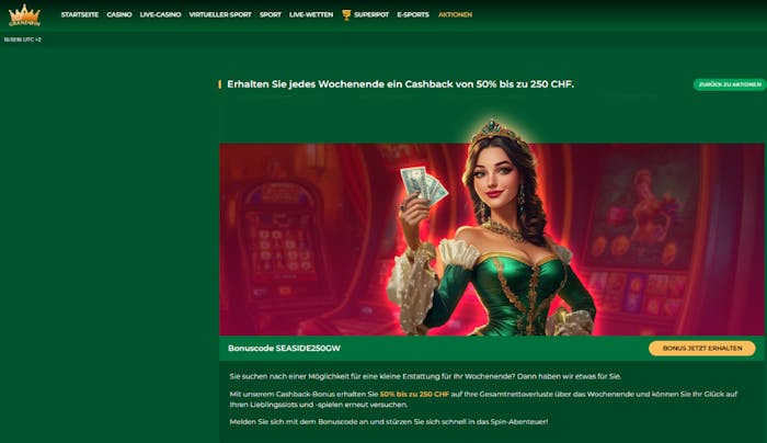 Grandwin Casino Screenshot mit dem Cashback Bonus Angebot. Das Design des Cashback Casinos ist grün rot.